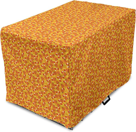 Lunarable Candy Corn Dog Crate Cover, Halloween Themed Pattern with Pumpkins and Food Repetition, Easy to Use Pet Kennel Cover for Cats & Medium Dogs, 24 Inch, Orange Vermilion