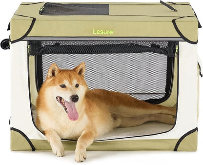 Lesure Soft Collapsible Dog Crate - 30 Inch Portable Travel Crate for Medium Dogs Indoor & Outdoor, 4-Door Foldable Pet Kennel with Durable Mesh Windows, Beige