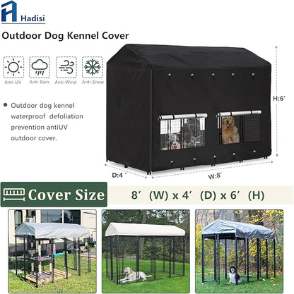 Outdoor Dog Kennel Cover 8'Dx4'Wx6'H Full Coverage Windproof Anti-UV.with Transparent PVC Window and Breathable Mesh.Waterproof Dog Kennel Cover for Multiple Brands of Dog Kennels,Cover Only.(Black)