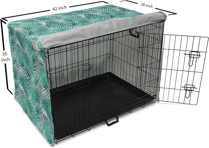 Lunarable Leaf Dog Crate Cover, Fresh Tropical Exotic Island Palm Tree Leaves in Jungle Abstract Watercolor, Easy to Use Pet Kennel Cover for Medium Large Dogs, 42 Inch, Pale Blue and Green
