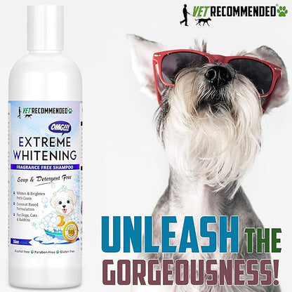 OMG Extreme Dog Whitening Shampoo (16 Oz) - Coconut Based 100% Safe - Free from Soaps, Detergent, Bleach & Fragrance - Make Your Dog's Coat Clean, Silky and Smooth. Made in USA
