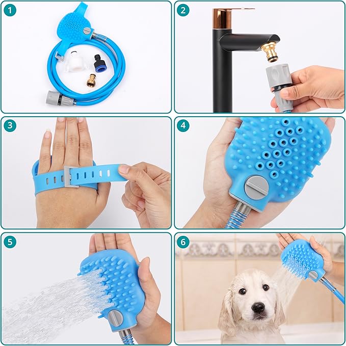 Dog Bath Hose Sprayer and Scrubber Attachment - Indoor/Outdoor Pet Bathing, Grooming and Washing - Pet Shower Brush with Garden Nozzle
