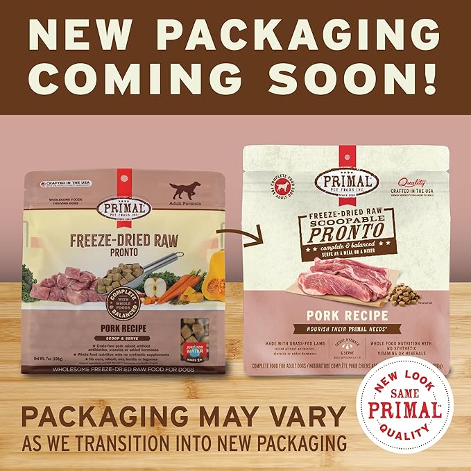 Primal Freeze Dried Dog Food Pronto, Pork; Scoop & Serve, Complete & Balanced Meal; Also Use As Topper or Treat; Premium, Healthy, Grain Free, High Protein Raw Dog Food (16 oz, 2-Pack)