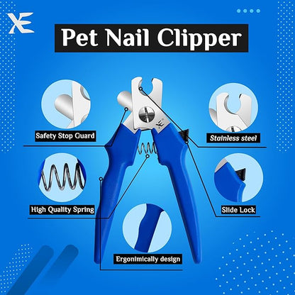 XE Stainless Steel Pet Nail Clipper – Non-Slip Handle Nail Cutter for Pets with Protection Guard, Cat and Dog Claw Trimmer with Nail File, Professional Grooming Tool for Dogs, Cats & Other Pets