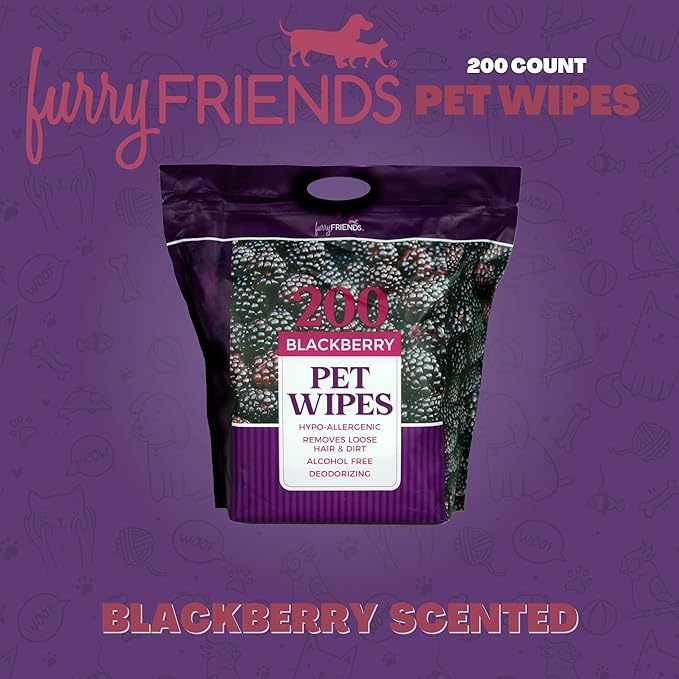 FurryFriends Pet Wipes | BlackBerry | Hypo-allergenic | Alcohol Free| Deodorizing | Removes Loose Hair & Dirt | Incredibly Clean | 200 ct. 1 Pack
