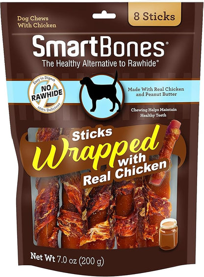 SmartBones Chicken-Wrapped Sticks, Treat Your Dog to a Rawhide-Free Chew Made With Real Chicken and Peanut Butter 8 Count (Pack of 1)