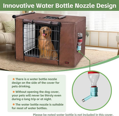 Dog Crate Cover 42 Inch - Waterproof Kennel Cover with Top Window, 600D Oxford Fabric Dog Cage Cover Fit for Most Double Door Wire Crate, Unique Drinking Hole Design, Brown (Cover Only)