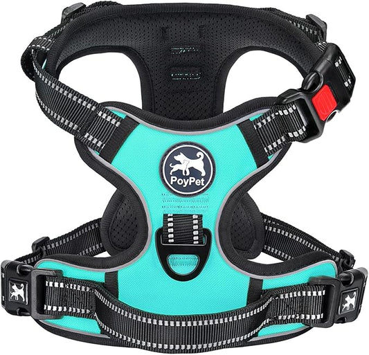 PoyPet No Pull Dog Harness, No Choke Front Clip Dog Reflective Harness, Adjustable Soft Padded Pet Vest with Easy Control Handle for Small to Large Dogs(Mint Blue,M)