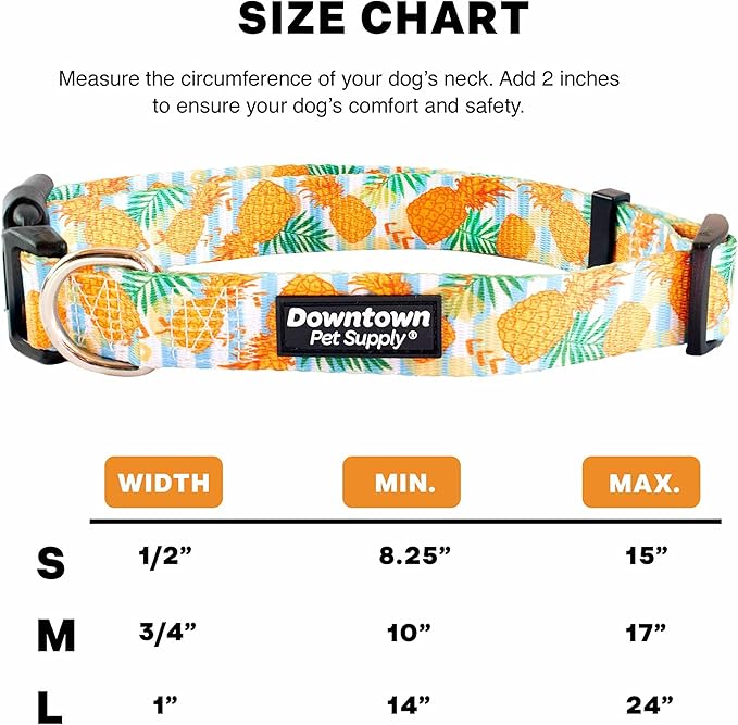 Downtown Pet Supply - Best, Cute & Fancy Dog Collar - Lightweight Adjustable Dog Collar with Quick Buckle & D-Ring - Hand Wash Safe - Pineapple - L - Large Dog Collar