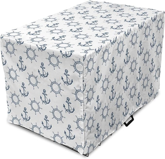 Lunarable Nautical Dog Crate Cover, Marine Elements Anchor Ship Wheel Wind Rose Sailing into The Ocean Theme, Easy to Use Pet Kennel Cover for Small Dogs Puppies Kittens, 18 Inch, Night Blue White
