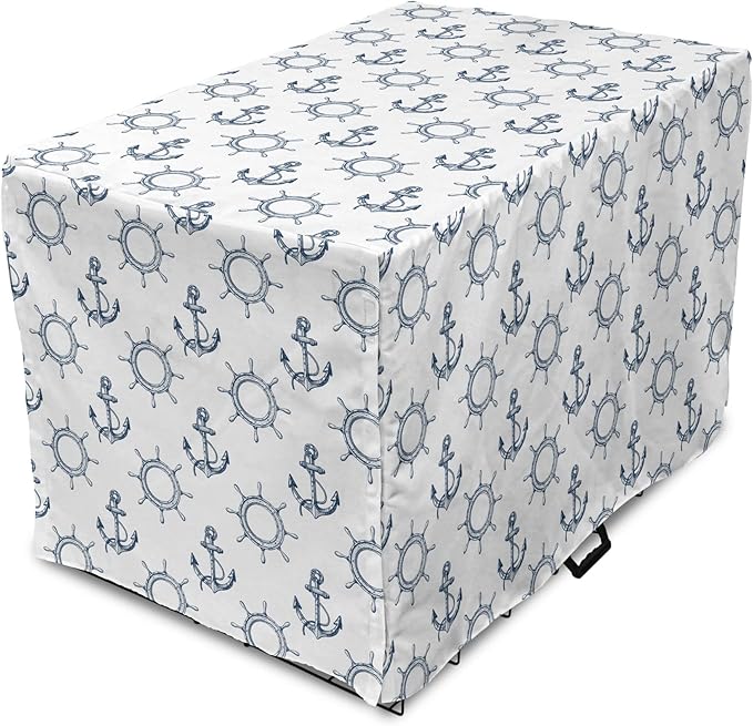 Lunarable Nautical Dog Crate Cover, Marine Elements Anchor Ship Wheel Wind Rose Sailing into The Ocean Theme, Easy to Use Pet Kennel Cover for Medium Large Dogs, 36 Inch, Night Blue White