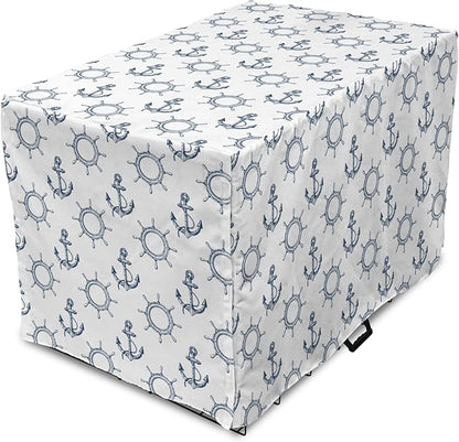 Lunarable Nautical Dog Crate Cover, Marine Elements Anchor Ship Wheel Wind Rose Sailing into The Ocean Theme, Easy to Use Pet Kennel Cover for Medium Large Dogs, 36 Inch, Night Blue White