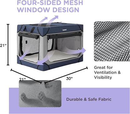 Lesure Soft Collapsible Dog Crate - 30 Inch Portable Travel Crate for Medium Dogs Indoor & Outdoor, 4-Door Foldable Pet Kennel with Durable Mesh Windows, Blue