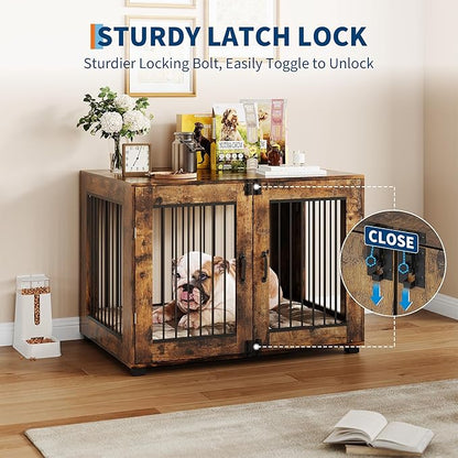 42.1" Dog Crate Furniture, Lockable Double Door Wooden Pet Crate for Indoor Use, Stylish Pet Crate End Table for Small/Large/Medium Dogs, Decorative Pet House, Functional Chic Puppy Crate Furniture