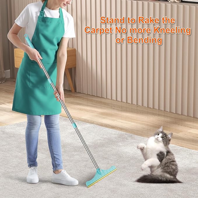 Stainless Steel Carpet Rake for Pet Hair Removal, Reusable Cat Dog Hair Remover with 47’’ Adjustable Long Handle Advanced Lint Remover Scraper for Carpets, Rugs, Mats, Furniture (Blue)