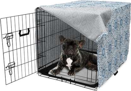 Ambesonne Blue and White Dog Crate Cover, Dutch Tile Design with Large Flowers and Detailed Petals Antique Ethnic, Easy to Use Pet Kennel Cover for Cats & Medium Dogs, 30 Inch, White Blue