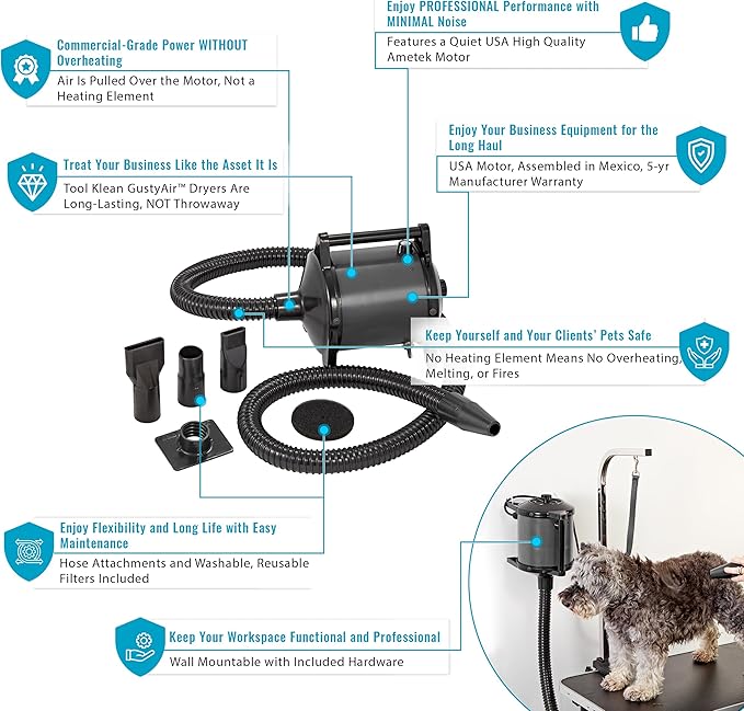 GustyAir Mini Dog Blow Dryer - Professional, Commercial Grade Force Dryer for Groomers - Quiet, High Velocity Air Dryer, Hose Attachments, Variable Speed, No Heating Element - USA Company - Black