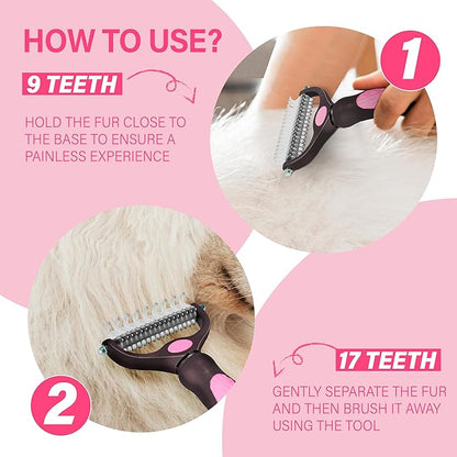 Pet Grooming Brush - Professional Undercoat Rake for Long-Haired Dogs & Cats, Extra Wide Double-Sided Stainless Steel Teeth for Removing Knots, Mats, and Tangles, Reduce Shedding by 95%, Pink