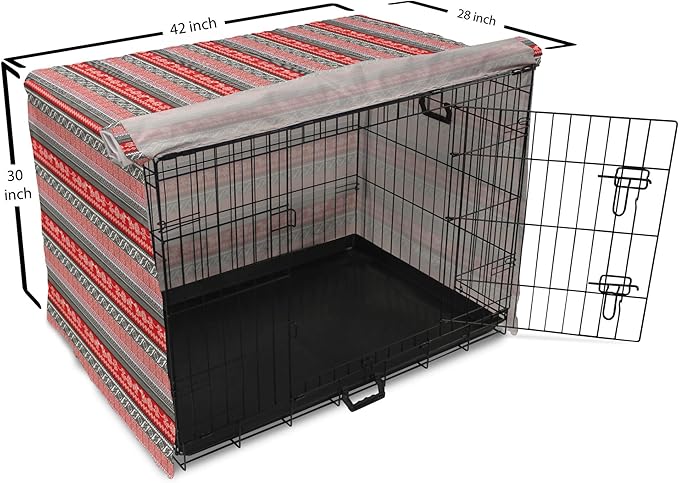 Lunarable Aztec Dog Crate Cover, Bird Motifs Abstract Indigenous Style Squares Latin American Inspired, Easy to Use Pet Kennel Cover for Medium Large Dogs, 42 Inch, Red Black White
