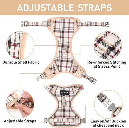 GAMUDA Dog Harness Collar and Leash Set, Dog Harness, No Chock No Pull Adjustable Vest Harnesses Plaid Reflective for Medium Dog, Cat, Small Horse, Small Bull and Pig (Beige, L)