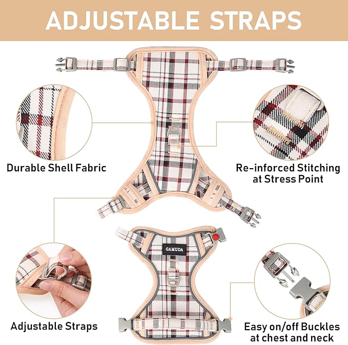 GAMUDA Dog Harness Collar and Leash Set, Dog Harness, No Chock No Pull Adjustable Vest Harnesses Plaid Reflective for Medium Dog, Cat, Small Horse, Small Bull and Pig (Beige, XS)