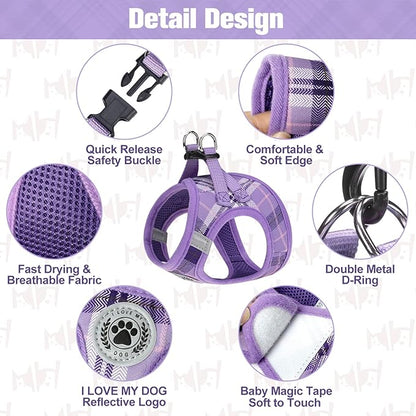 BEAUTYZOO Small Dog Harness and Leash Set,Step in No Chock No Pull Soft Mesh Dog Harnesses Reflective for Extra-Small/Small Medium Puppy Dogs and Cats, Plaid Dog Vest Harness for XS S Pets, Purple XS
