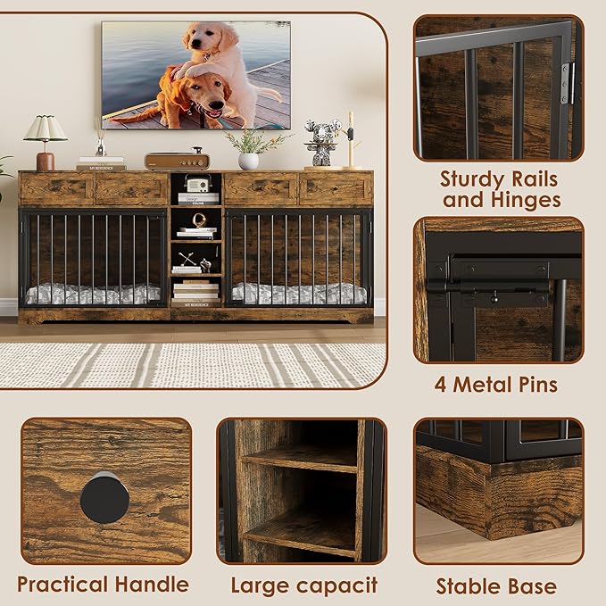 82” Double Dog Crate Furniture, Large Dog Kennel Indoor for 2 Dogs, Heavy Duty Wooden Dog Crate TV Stand with 4 Drawers and Shelves, Brown