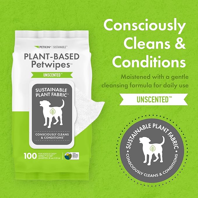 Petkin Plant-Based PetWipes, 100 Wipes, 4 Pack - Biobased, Sustainable, Big & Thick Pet Wipes for Dogs & Cats - for Face, Paws, Ears, Body & Eye Area - Consciously Cleans & Conditions - Unscented