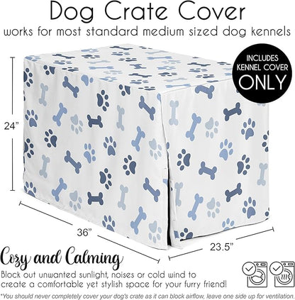 Sweet Jojo Designs 36in. Medium Dog Crate Cover (Bones and Paw Prints) for Boys Pet Cage, Kennel Covers (Modern, Cartoon, Doggy, Puppy, Neutral, Paws Print, Whimsical, Playful, Slate Navy Blue)