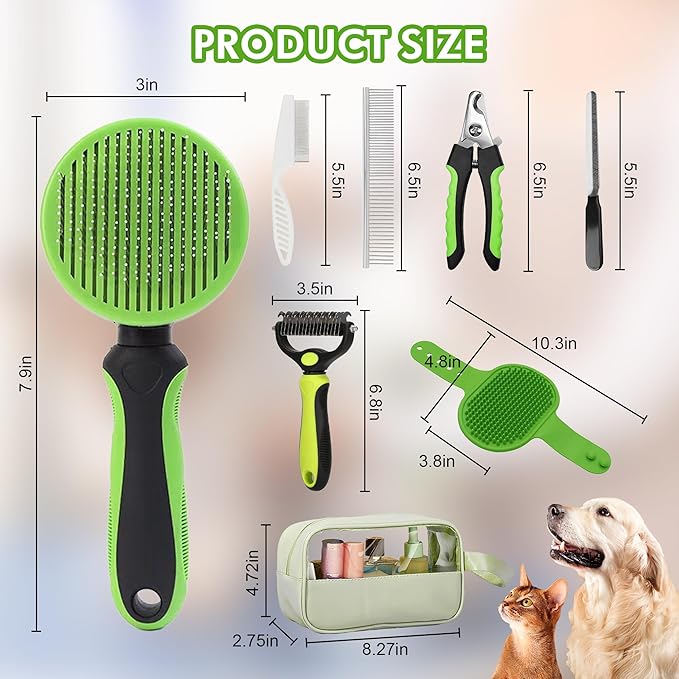 Pet Grooming Brush Kit 7pcs, Cat and Dog Brush With Release Button - Nail Clippers File Set for Long Matted Haired Pets and Nail Repair