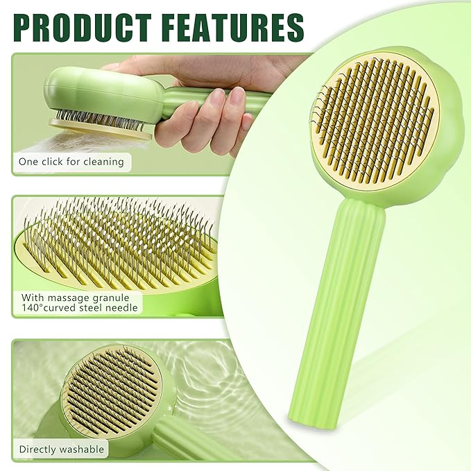 METREE Cat Hair Brush, Self Cleaning Pet Slicker Brush with Release Button, Grooming Brush for Shedding, Long or Short Haired Cats Dogs (Lime Green)