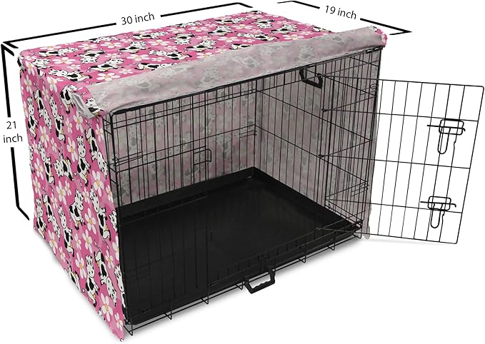 Lunarable Cow Dog Crate Cover, Cartoon Pattern Domestic Farm Animal and Daisy Flowers, Easy to Use Pet Kennel Cover for Cats & Medium Dogs, 30 Inch, Pink Charcoal Grey