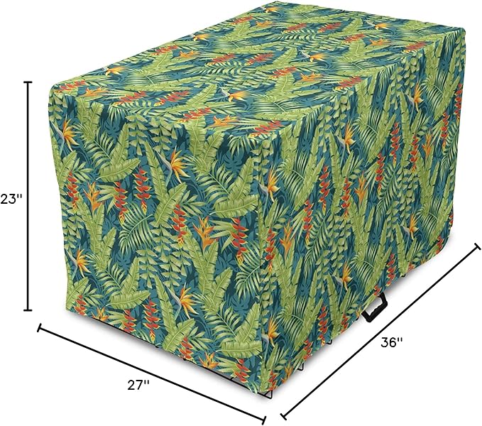 Lunarable Tropical Dog Crate Cover, Exotic Bird of Paradise Blossoms Banana and Areca Fan Palm Leaves, Easy to Use Pet Kennel Cover for Medium Large Dogs, 36 Inch, Yellow Green and Dark Teal
