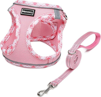Mercano Soft Mesh Dog Harness and Leash Set, No-Chock Step-in Reflective Breathable Lightweight Easy Walk Escape Proof Vest Harnesses with Safety Buckle for Small Medium Dogs, Cats (Pink, XL)