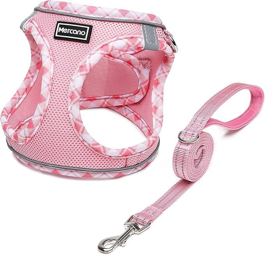 Mercano Soft Mesh Dog Harness and Leash Set, No-Chock Step-in Reflective Breathable Lightweight Easy Walk Escape Proof Vest Harnesses with Safety Buckle for Small Medium Dogs, Cats (Pink, XL)