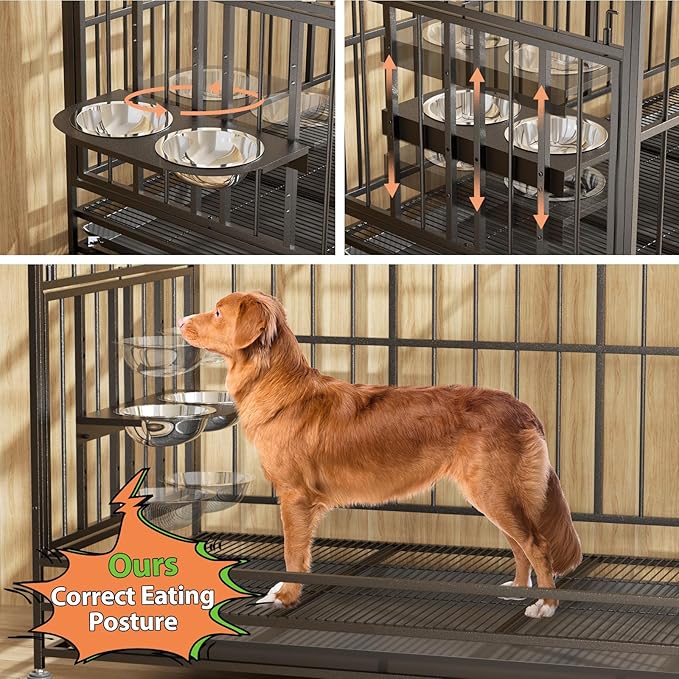 LOVMOR 37" Heavy Duty Dog Crate with Wheels/Unique Air Lift Rod / 360° & Adjustable 2 Bowls, Extra Small Dog Crate