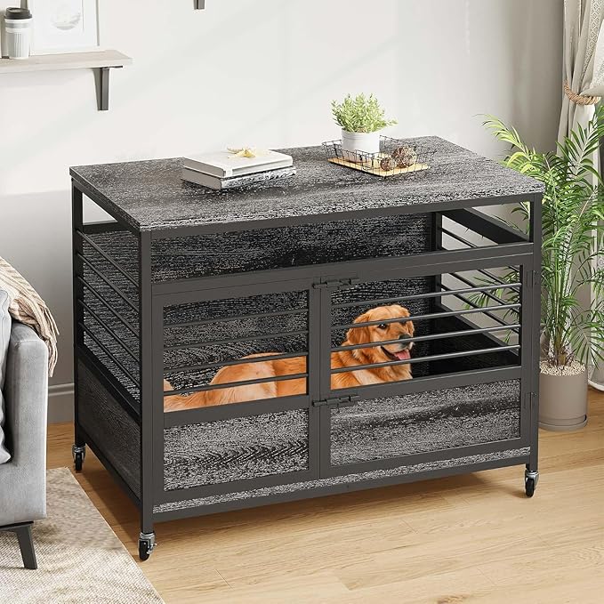 DWVO Dog Crate Furniture, 39.4 Inch Dog Kennel Indoor Furniture End Table Cage for Dogs, Modern Decorative Cage Wooden Dogs Crate Furniture with Wheels, Chew-Resistant, Dark Grey