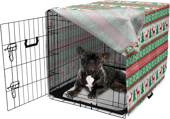 Ambesonne Christmas Dog Crate Cover, Knit Style Graphic Reindeer Star and Snowflake Holiday Family Theme, Easy to Use Pet Kennel Cover for Cats & Medium Dogs, 24 Inch, White Green