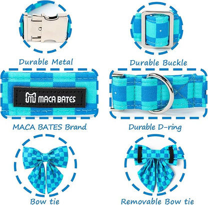 Maca Bates Plaid Blue Dog Collar with Checkered Bow Bowtie for Grid Dogs Bows Tie Adjustable Breakaway Collars Birthday Gift Colar for Small Medium Large XL Girl Boy Male Female Puppy Pets