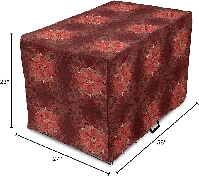 Lunarable Burgundy Dog Crate Cover, Flourishing Nature Garden Inspired Flowers Pattern Psychedelic Look, Easy to Use Pet Kennel Cover for Medium Large Dogs, 36 Inch, Burgundy Coral Tan