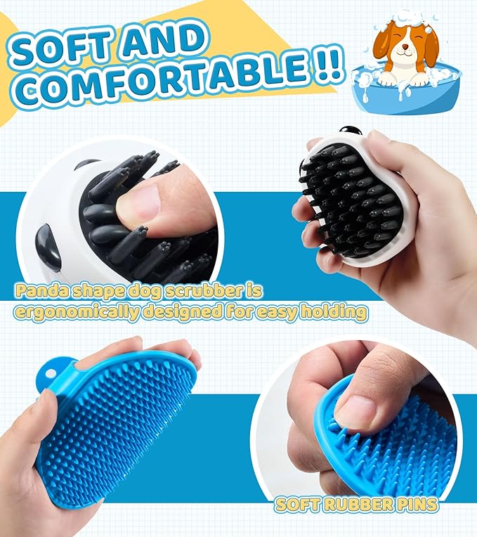 Dog Bath brush Pet Shampoo Brush with Adjustable Ring Handle Soft Massage Dispenser Panda Shape Brush for Short Long Haired Dogs Cats Showering(Pink)