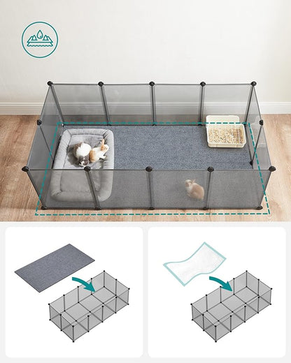SONGMICS 20 Panels Pet Playpen with Floor, Small Animal Playpen, Pet Fence Indoor, DIY Plastic Enclosure for Guinea Pigs, Bunny, Hamsters, Hedgehogs, 56.3 x 28.7 x 18.1 Inches, Gray ULPC002G01