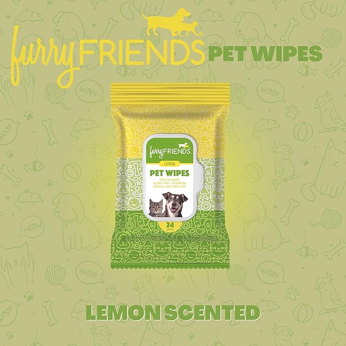 FurryFriends Pet Wipes | Lemon Scented | Hypo-allergenic | Alcohol Free| Deodorizing | Removes Loose Hair & Dirt | Incredibly Clean | 4 Pack