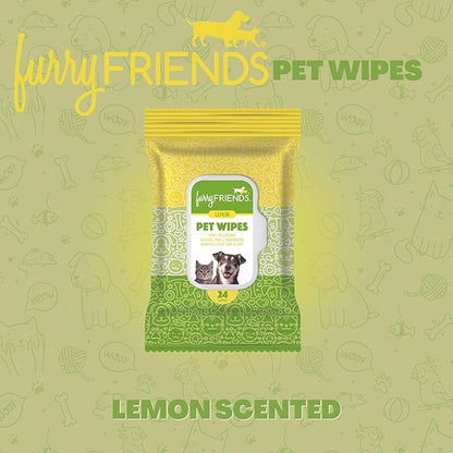 FurryFriends Pet Wipes | Lemon Scented | Hypo-allergenic | Alcohol Free| Deodorizing | Removes Loose Hair & Dirt | Incredibly Clean | 4 Pack