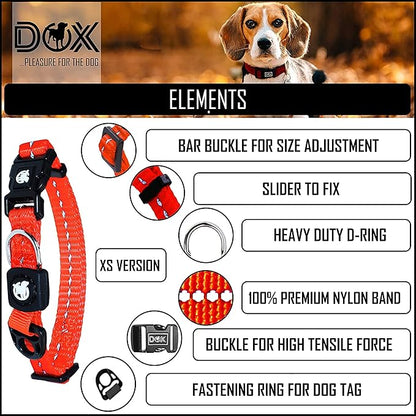DDOXX Reflective Nylon Dog Collar - Strong and Adjustable Collars Dogs - XS (Orange)