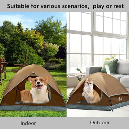 Outdoor Waterproof Pet Camping Tent, Cave Bed for Indoor Cats and Small Dogs, Portable Cat House Dog House, 39.3x39.3x23.6'', Brown, L.