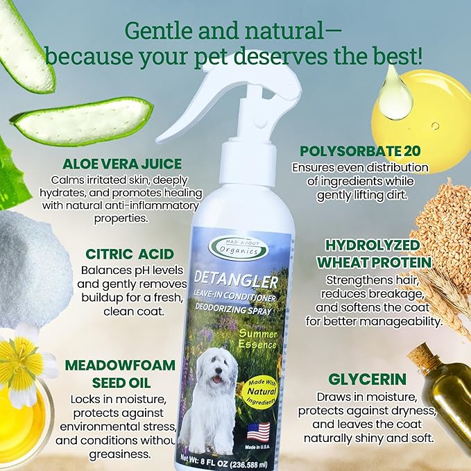 Detangler Spray - Summer Essence Scent - Deodorizing Spray for Dogs and Horses, Leave-In Conditioner, Gently Releases Tangles, Softens Coats, Freshens Scent | Made in the USA | 8 oz