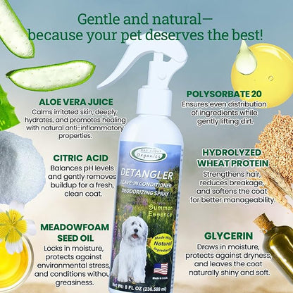 Detangler Spray - Summer Essence Scent - Deodorizing Spray for Dogs and Horses, Leave-In Conditioner, Gently Releases Tangles, Softens Coats, Freshens Scent | Made in the USA | 8 oz
