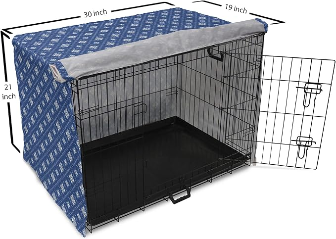 Lunarable Damask Blue Dog Crate Cover, Azulejo Talavera Inspired Continuous Pattern of Motif, Easy to Use Pet Kennel Cover for Cats & Medium Dogs, 30 Inch, Dark Sky Blue Pale Blue