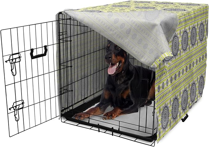 Lunarable Bohemian Mandala Dog Crate Cover, Floral Sun Motif on Brush Drawn Stripes with Dots, Easy to Use Pet Kennel Cover for Medium Large Dogs, 42 Inch, Night Blue Yellow